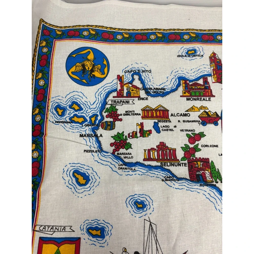 VTG SICILIA Sicily Cotton Tea Towel Dish Kitchen Towel Map Landmarks Crest 23x34